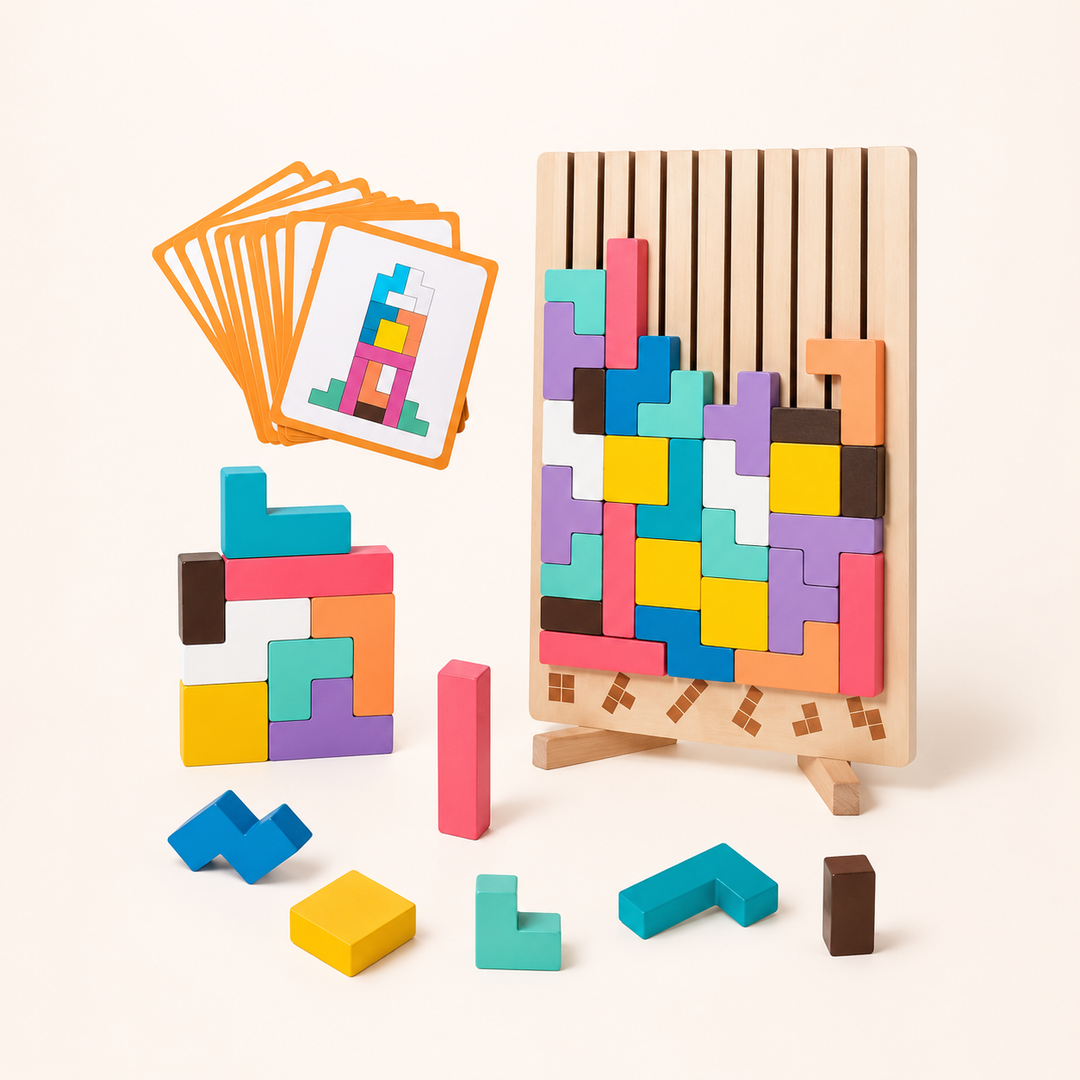 Wooden slotted board on a stand filled with colorful blocks, beside a fan of orange-edged task cards and loose pieces. 1