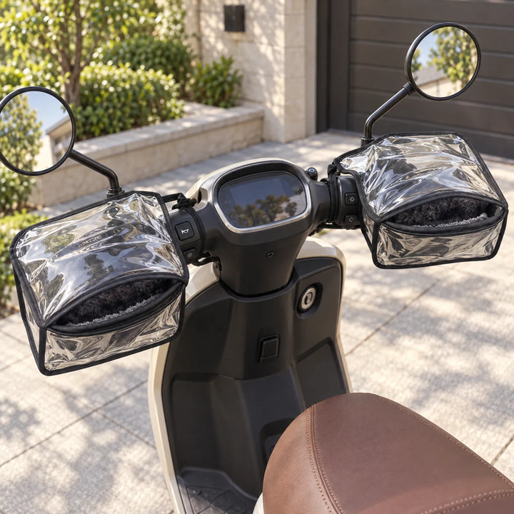 Clear handlebar muffs with soft dark fleece lining fitted on both grips of a cream scooter parked in a sunny driveway. 1