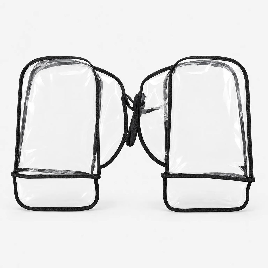 Pair of clear plastic handlebar muffs with black binding edges, joined by a strap, laid flat against a white background. 2