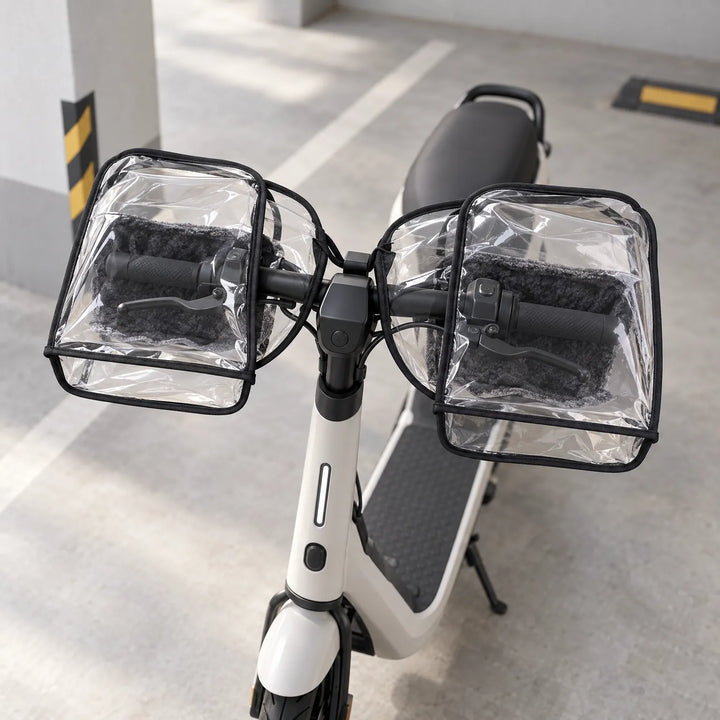 Clear muffs with fleece lining mounted over the grips and brake levers of a white electric scooter in a parking garage. 3