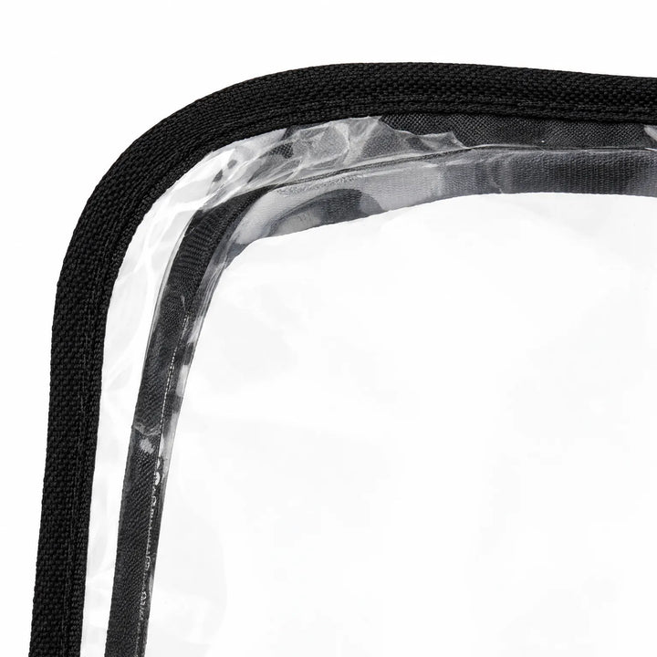 Close-up of a muff corner showing the woven black fabric binding along the edge of the transparent plastic panel. 5