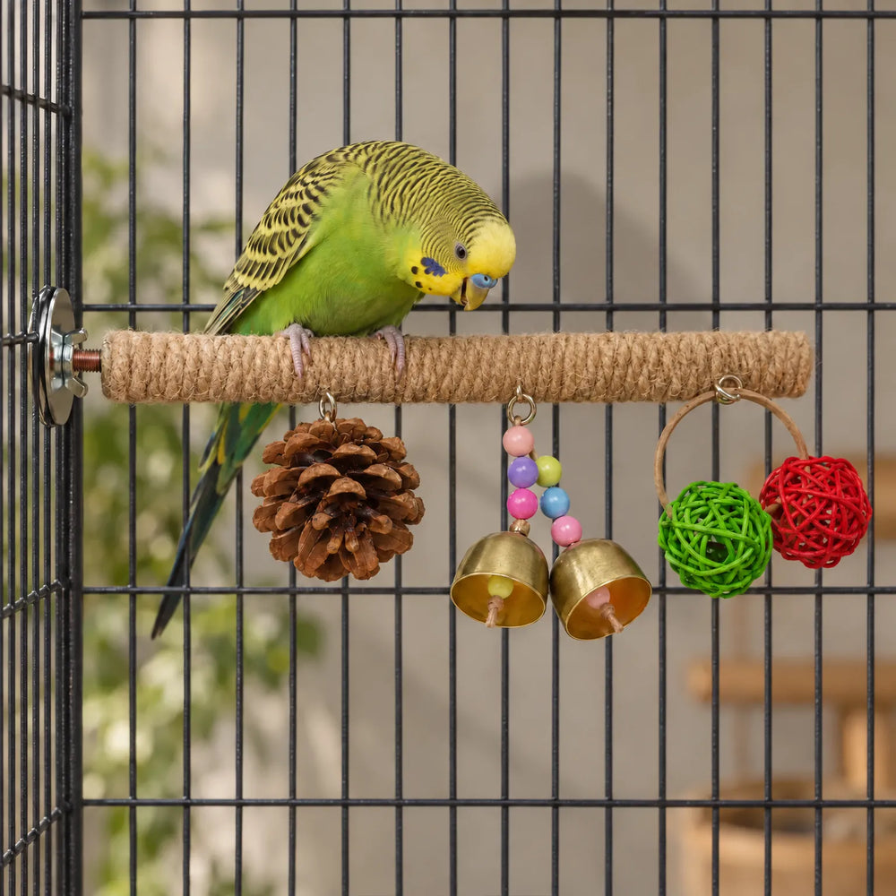 Green and yellow budgie perched on the rope-wrapped bar inside a cage, looking down at the hanging pine cone, bells and rattan balls. 2