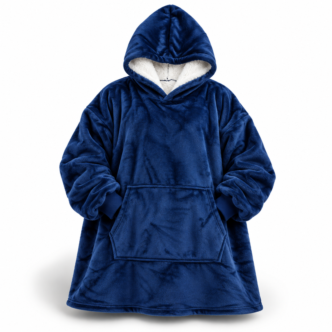 Blue plush oversized hoodie blanket shown from the front, with a white sherpa-lined hood, ribbed cuffs and a large front pocket.
