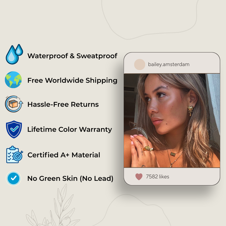 Infographic listing product perks such as waterproof, free shipping, returns and warranty, next to a social post of a woman in gold jewelry. 6