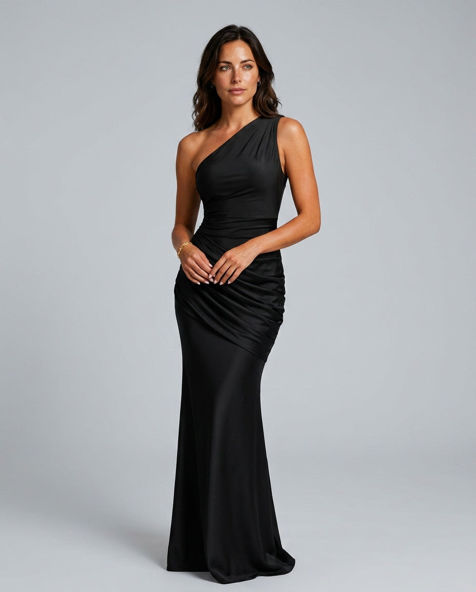 Black one-shoulder satin maxi dress with draped waist, front view