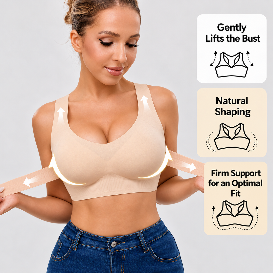 Model in a beige seamless bra stretching the wide elastic band outward with her hands, with arrows showing lift and support. 3