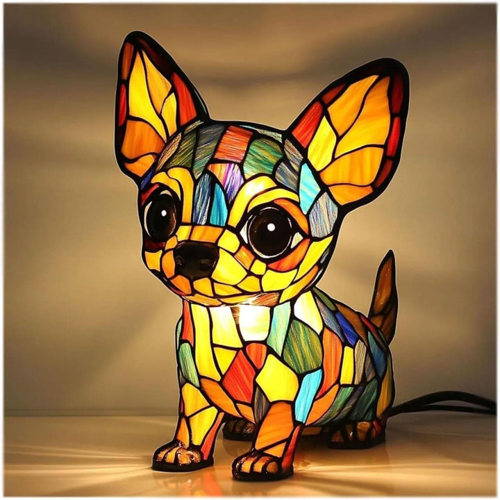 Dog Breed Night Light another view in yellow, orange, teal and green glass