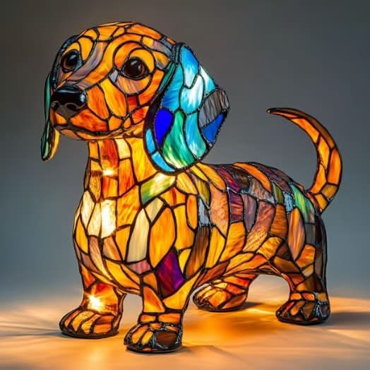 Dog Breed Night Light another view with a blue floppy ear and orange stained-glass mosaic