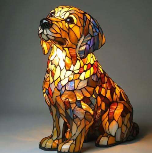 Dog Breed Night Light another view made of amber, yellow and purple stained-glass fragments