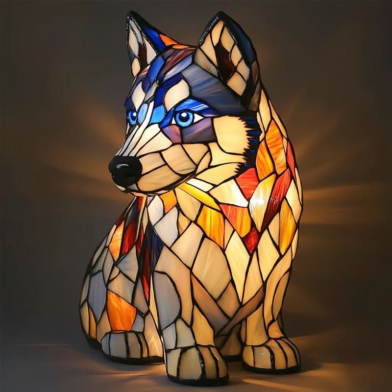 Dog Breed Night Light another view with cream and white glass panels and blue accents