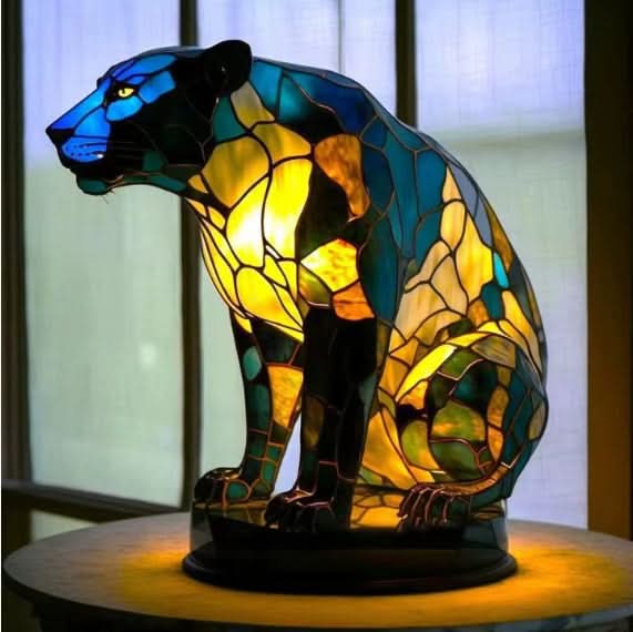 Dog Breed Night Light another view in blue, teal and yellow stained-glass panels