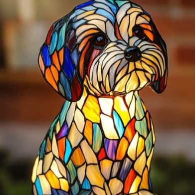 Dog Breed Night Light detail with a white and tan face and colorful glass body