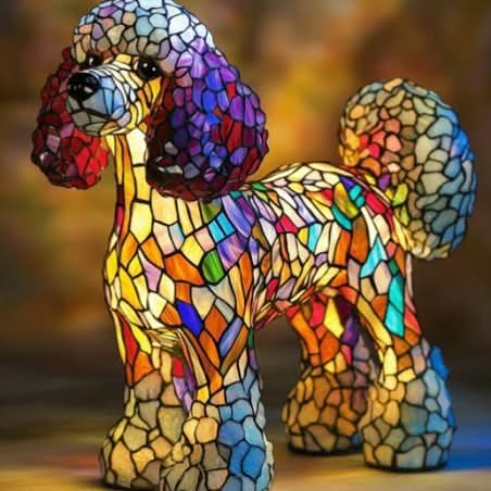 Dog Breed Night Light another view with purple and red curly ears and multicolor stained-glass tiles
