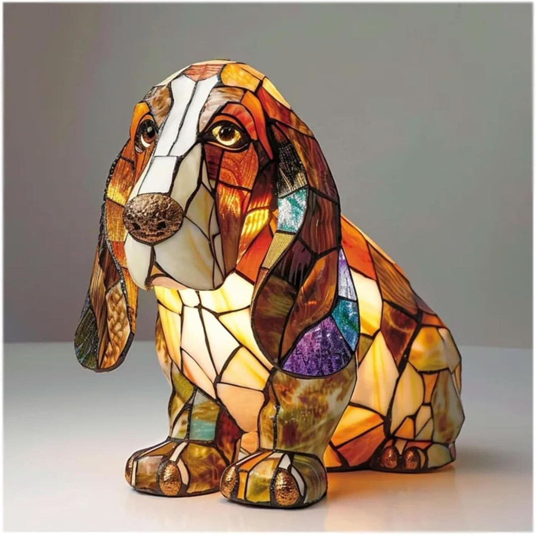 Dog Breed Night Light detail in stained-glass mosaic with warm amber and brown panels