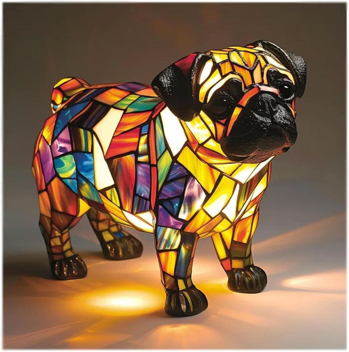 Dog Breed Night Light another view with a dark face and orange, purple, blue and yellow stained-glass panels