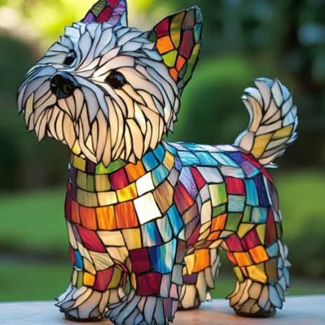 White shaggy terrier lamp with a head tilt and a colorful mosaic body, photographed outdoors in front of green foliage. 26