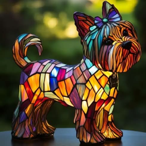Long-haired small dog lamp with a teal bow and curled tail, glowing in multicolored mosaic panels on a dark table outdoors. 27