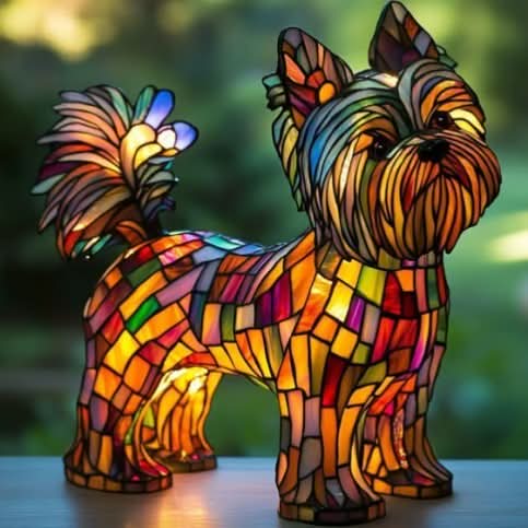 Side view of a long-haired small dog lamp with a feathery tail, lit in red, orange and purple mosaic pieces on a ledge. 28