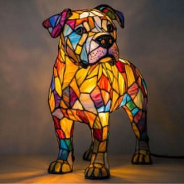 Standing bulldog-type lamp with floppy ears and a stocky body in yellow, orange and blue mosaic, with its cord visible at right. 29