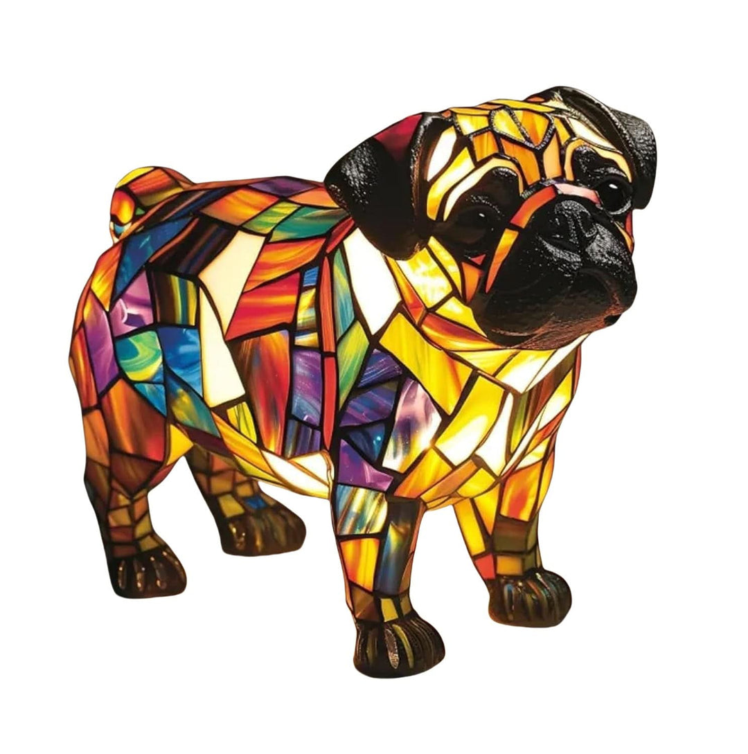 Pug lamp with dark muzzle and ears, glowing yellow face and a swirled orange, purple and blue mosaic body on a white background. 30