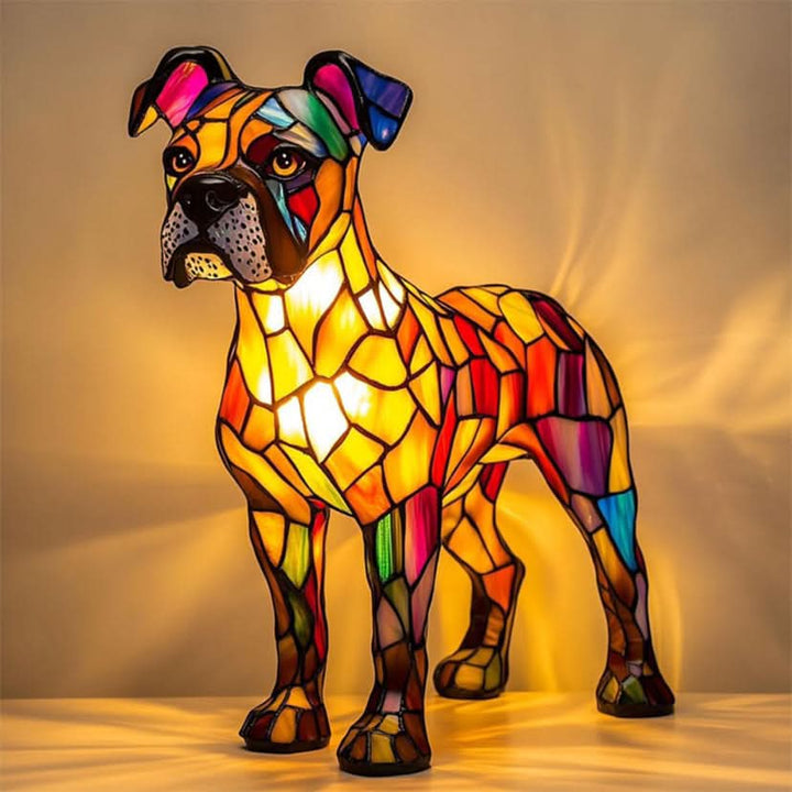 Dog Breed Night Light another view with pink, blue and purple glass panels