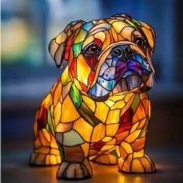 Dog Breed Night Light another view with amber stained-glass pieces and red, green and blue accents