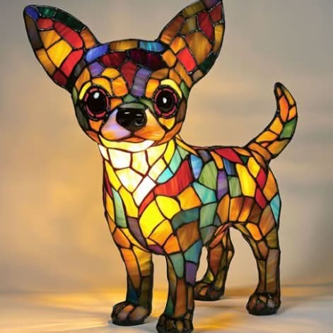 Dog Breed Night Light another view assembled from red, yellow, green and blue stained-glass pieces