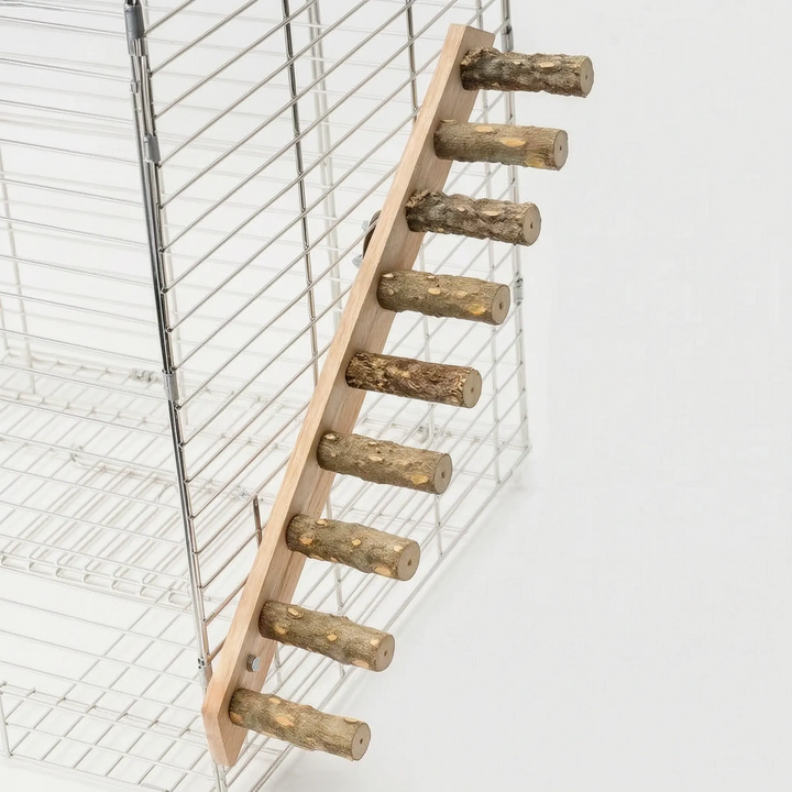 Longest eight-step ladder, with evenly spaced bark rungs on a slim wooden board mounted against a wire cage. 8