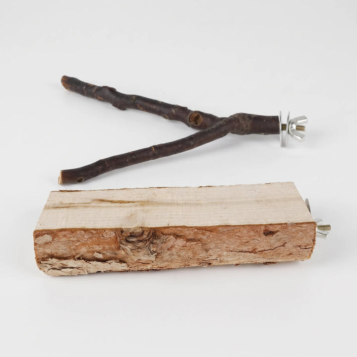 Forked wooden branch perch and a rough flat wooden block perch with bark edge, each with a wing nut and washers, on white. 1