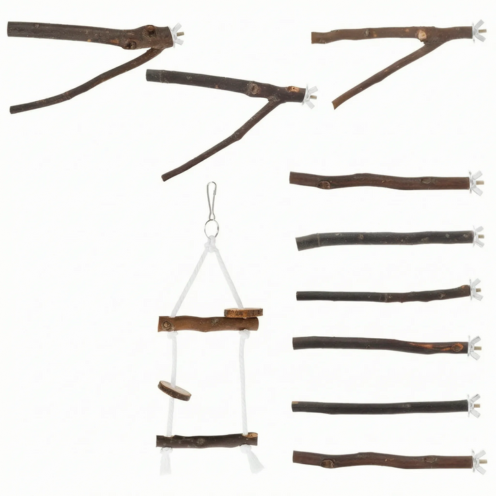 Assortment of forked and straight branch perches with wing nut fittings, plus a hanging rope ladder with wooden rungs and slices. 5
