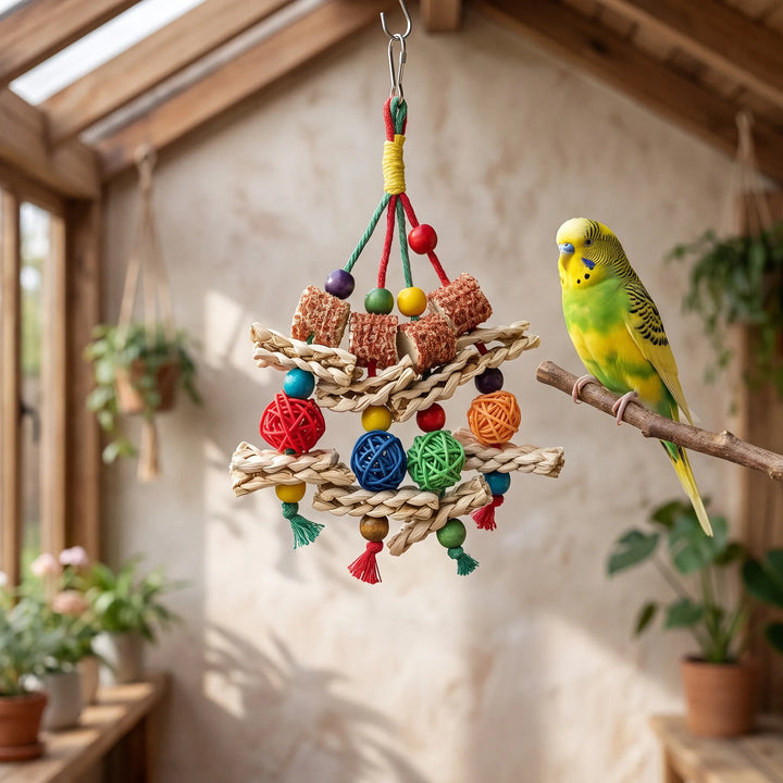 Colorful toy with braided straw, rattan balls and wooden beads hanging in a sunny room beside a green and yellow budgie on a branch. 2