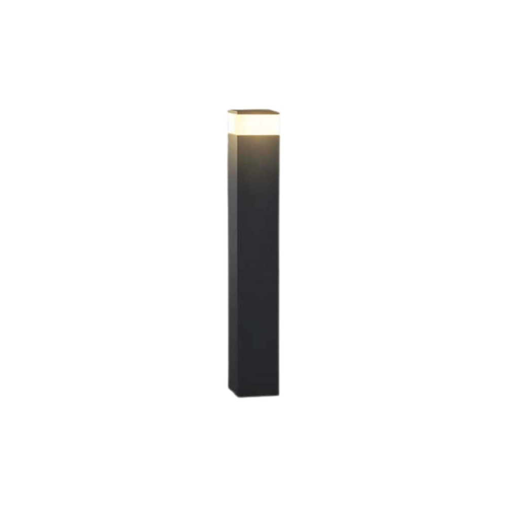 Taller black rectangular bollard light with a glowing warm white band at the top, on white 2