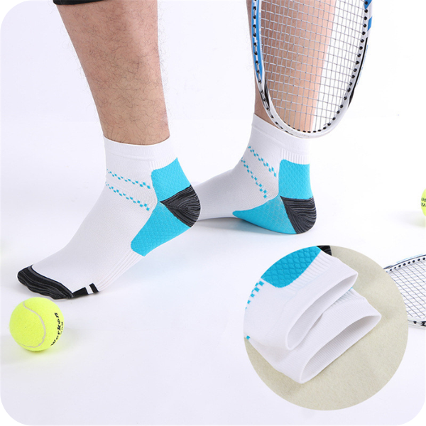 White low-cut socks with blue heel panels and a soft cuff inset, another view. 3
