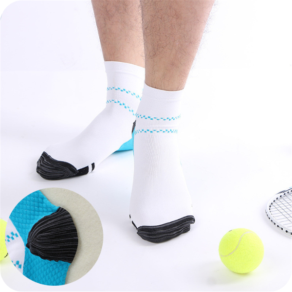 White ankle socks with blue dotted stripes and a heel close-up inset, another view. 2