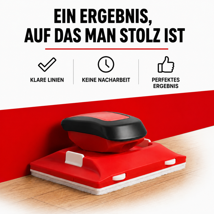 Red edger with black handle resting against a red painted wall above a wooden floor, shown as a clean-line example. 2