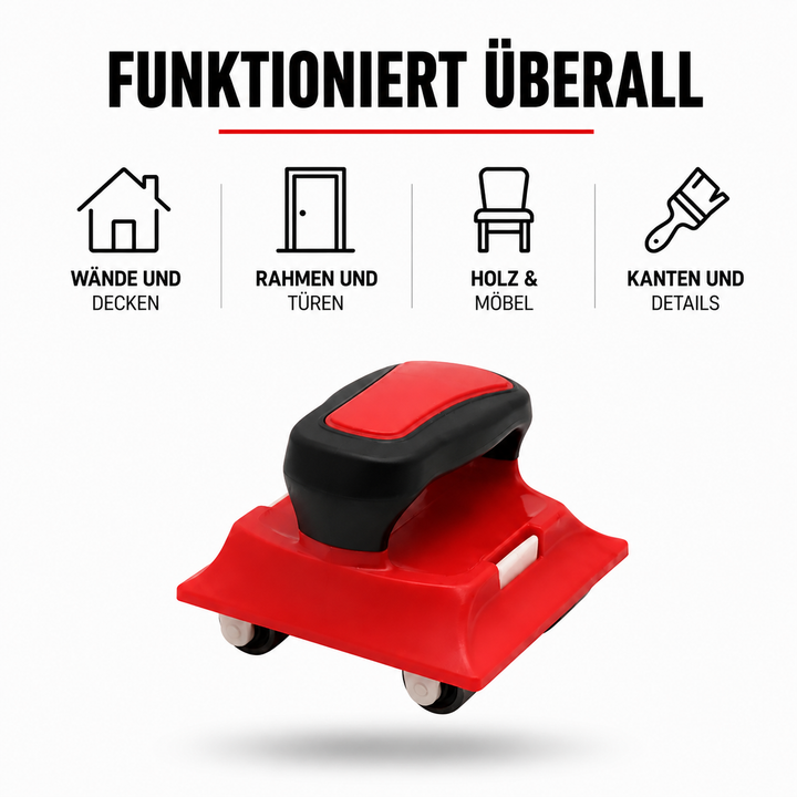 Red edger with black handle shown from the side, revealing the small black wheels underneath, above icons for walls, doors, furniture and trim. 8
