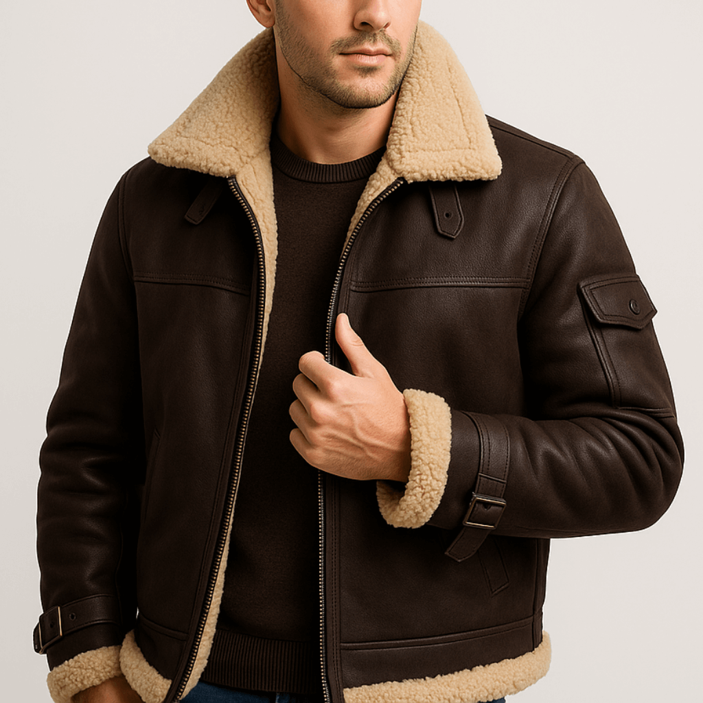 Dark brown leather jacket with shearling collar, sleeve pocket and cuff straps, worn over a dark sweater 2