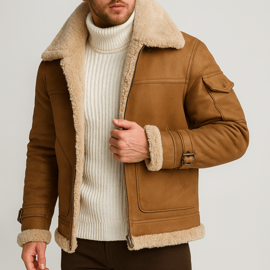 Tan leather jacket with fleece-lined collar and cuffs, worn unzipped over a cream ribbed turtleneck 3