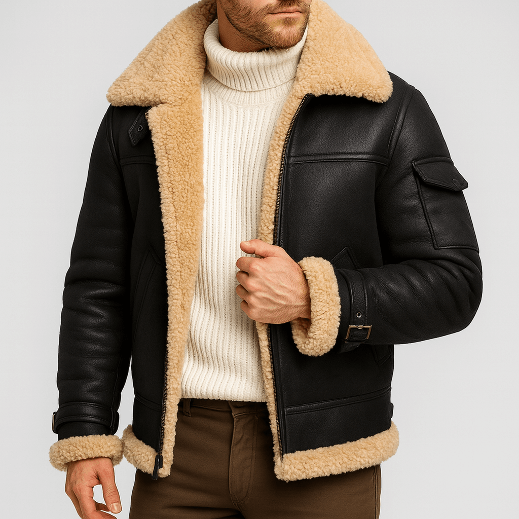 Black leather jacket with thick shearling collar and trim, worn open over a cream turtleneck 4