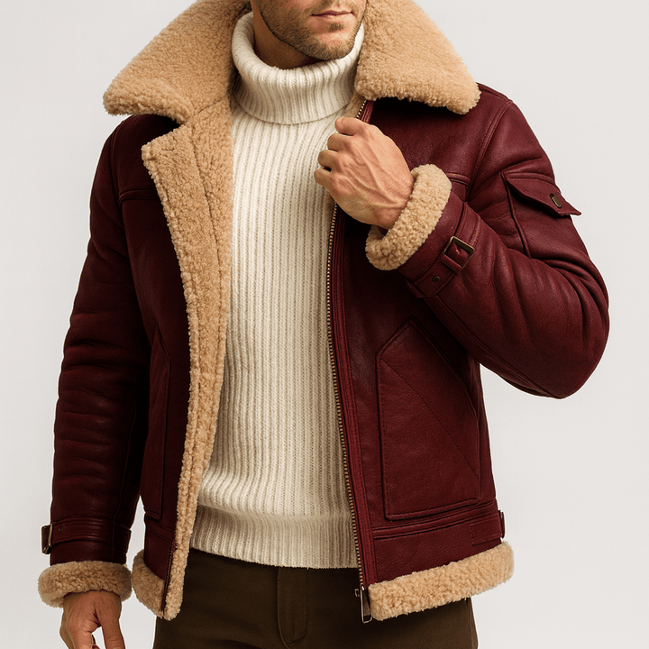 Burgundy leather jacket with shearling collar and cuffs, worn open over a cream turtleneck 1