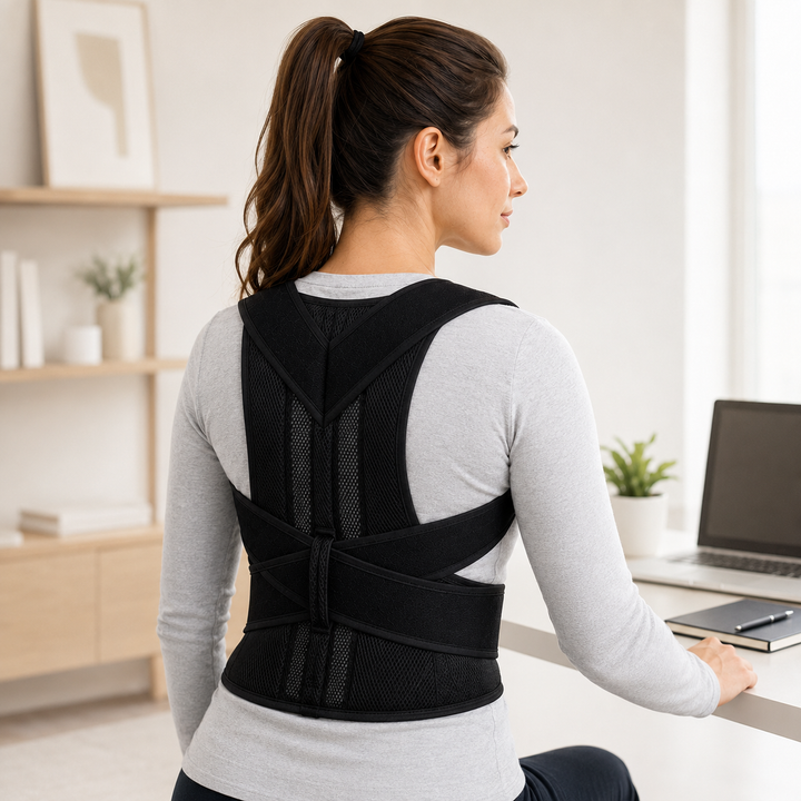 Woman with a ponytail wearing a black back brace over a gray top at a desk 12