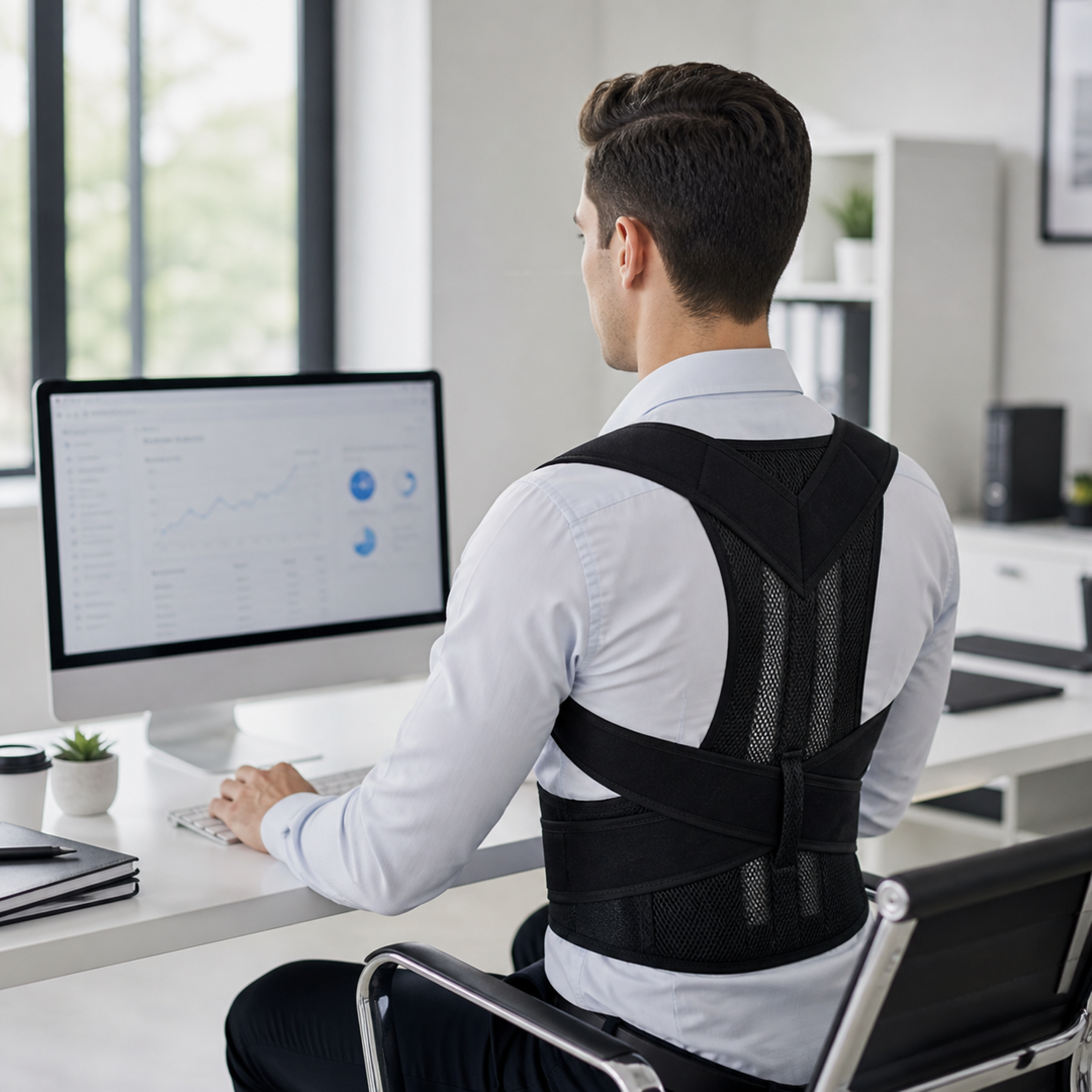Man in a dress shirt wearing a black back brace while working at a computer 13