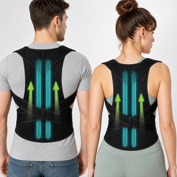 Man and woman seen from behind in black braces with glowing support bars and upward arrows 10