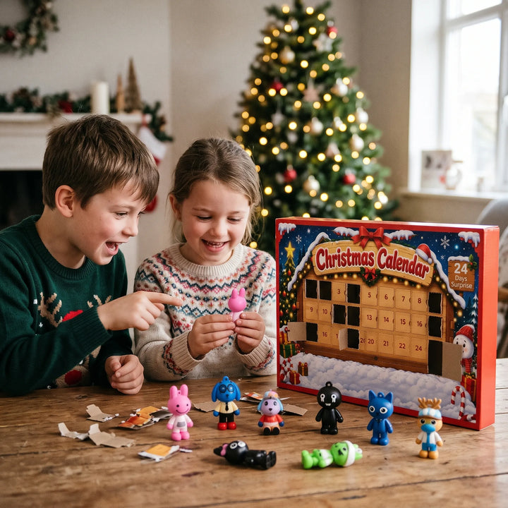 Two smiling children in holiday sweaters open the numbered doors of the calendar beside a lit Christmas tree 1
