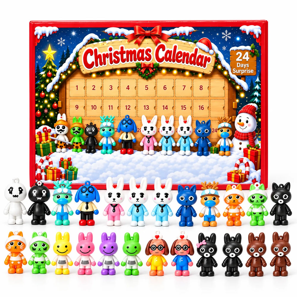 Front of the red calendar box with numbered doors, and the full set of colorful character figures lined up below 2