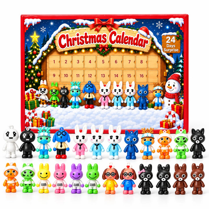 Front of the red calendar box with numbered doors, and the full set of colorful character figures lined up below 2
