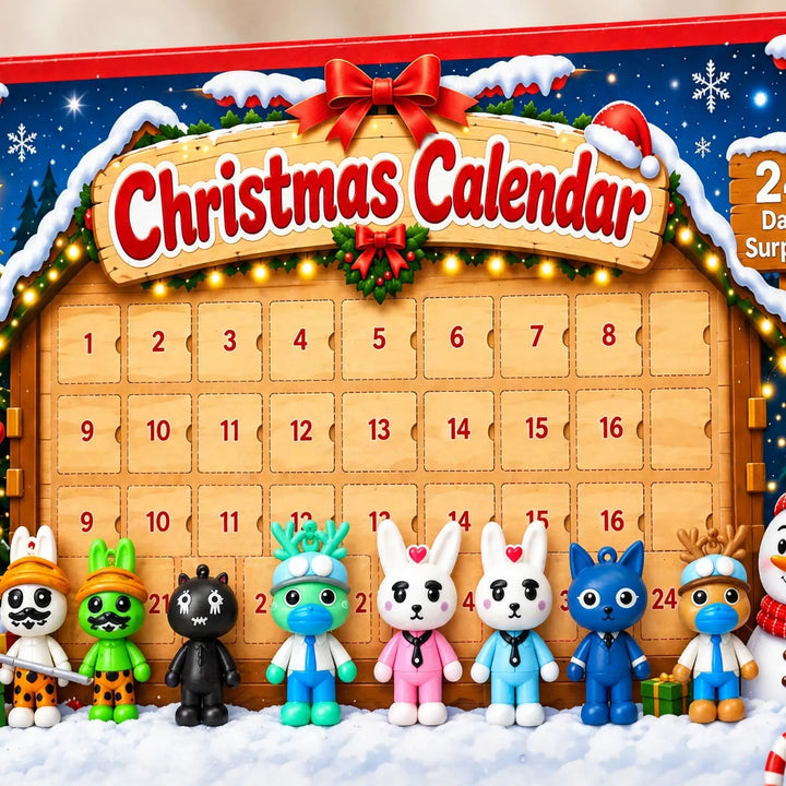 Close-up of the numbered cardboard doors in a snowy cabin scene, with small character figures standing in front 3