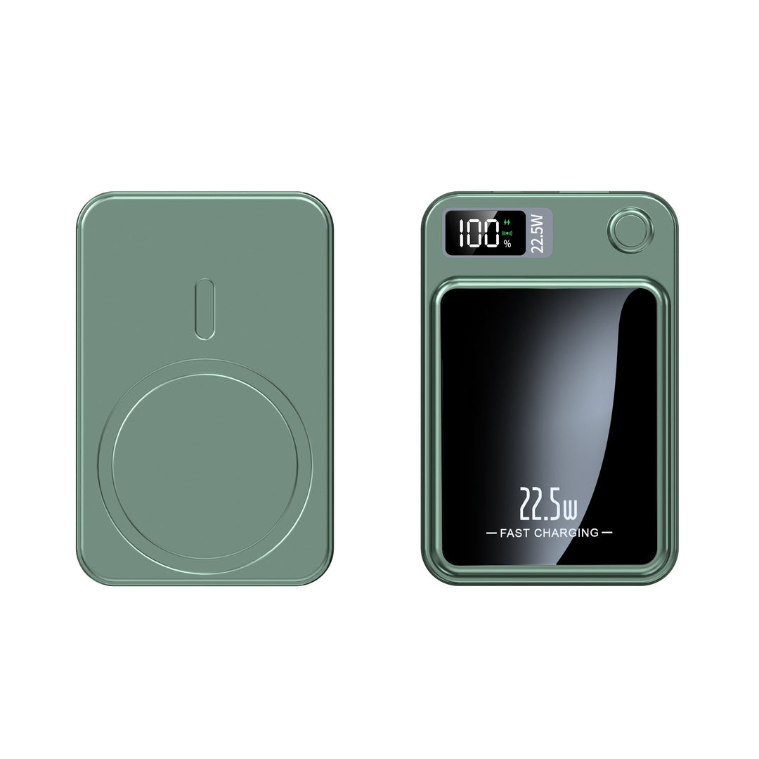 Green power bank shown front and back with the round magnetic ring, display and button.
