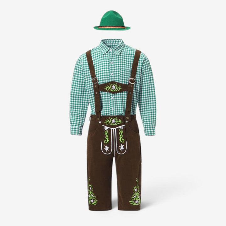 Men's Bavarian costume set with dark brown lederhosen, a green checked shirt and a matching green hat, flat lay.