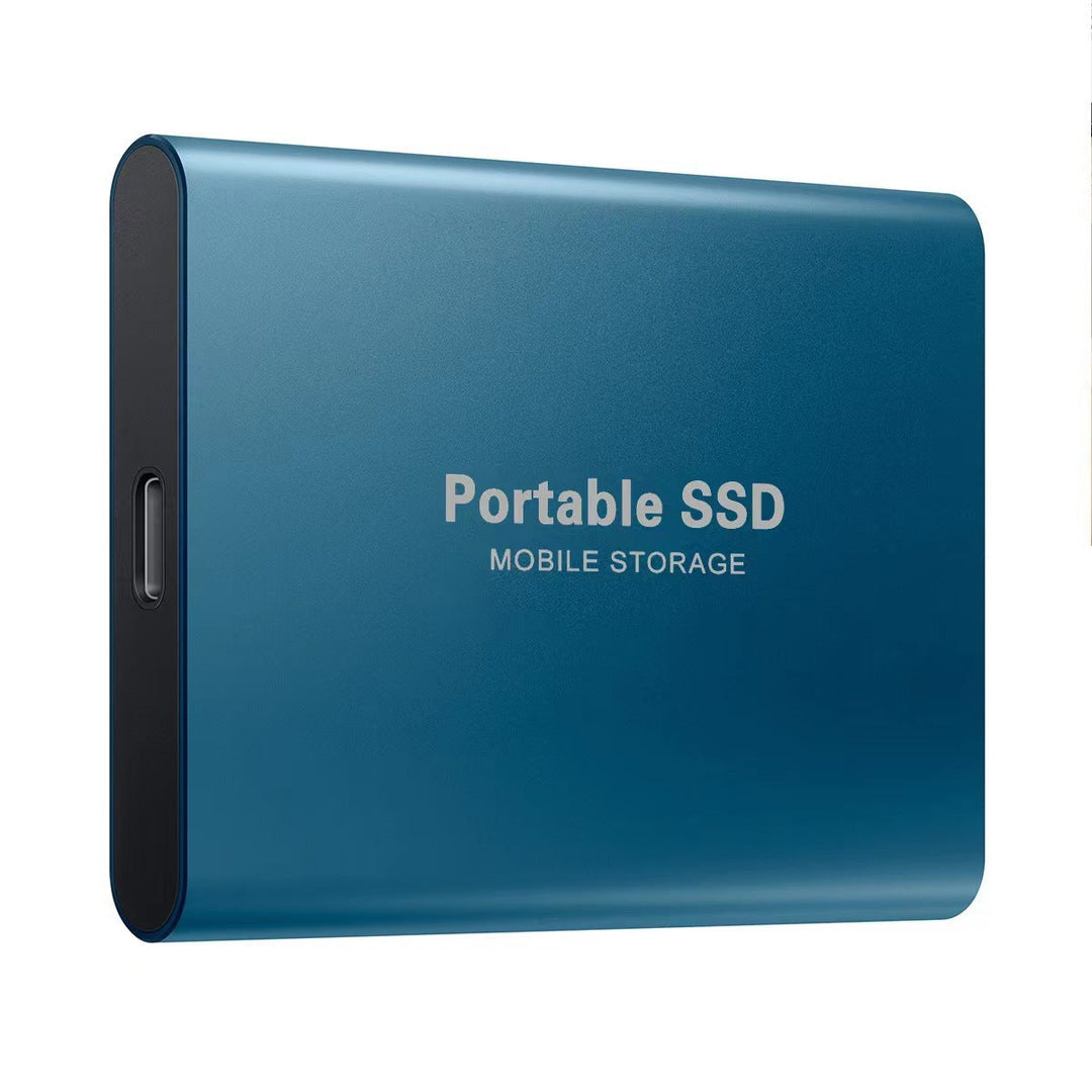 Blue portable SSD with a matte metal finish and USB-C port on its short edge.